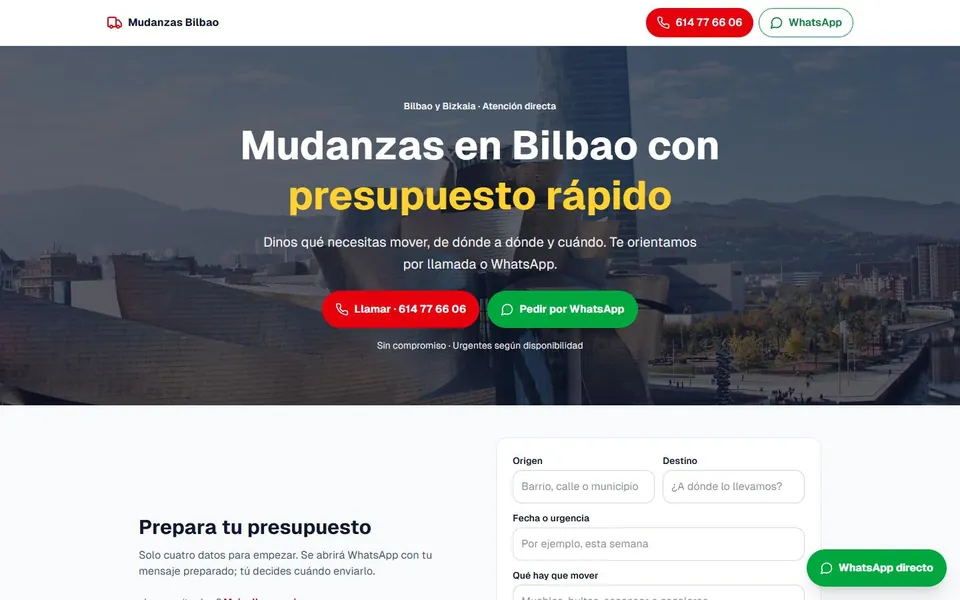 Captura real de la página de inicio de Mudanzas Bilbo