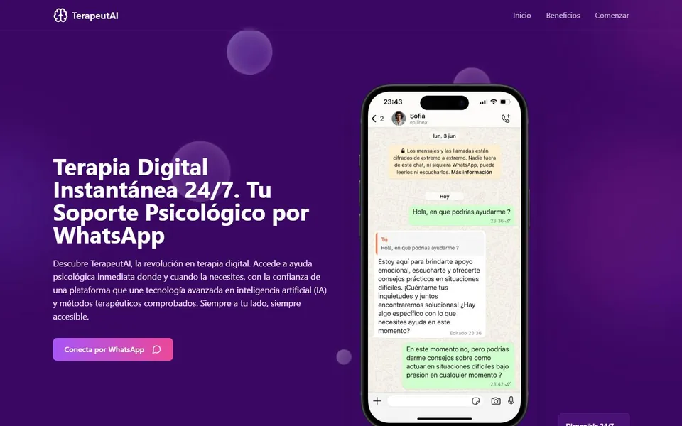 Captura real de la página de inicio de TerapeutAI